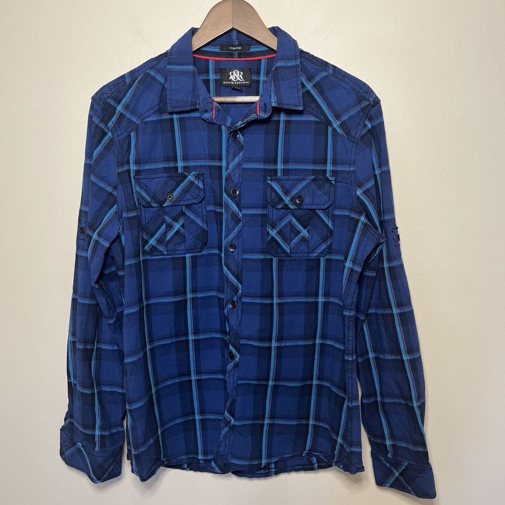 Rock & Republic Mens Large L Blue Plaid Long Sleeve Button Down Pockets